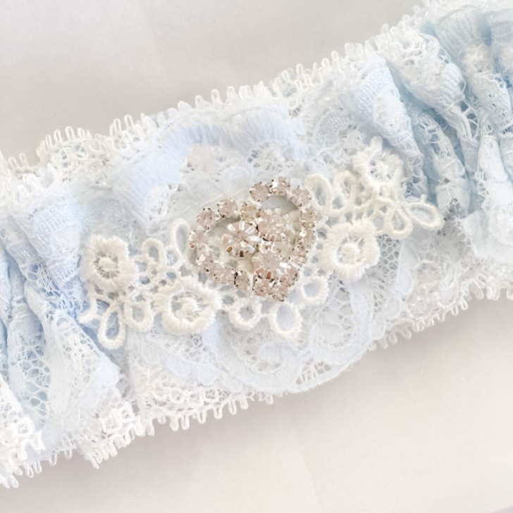 Desire Blue and Ivory Lace Bridal Garter with Crystal Heart Detail